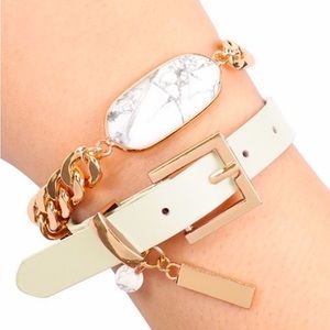 #2492 Genuine Leather Oval Natural Stone Marble Charm Bracelet Choker